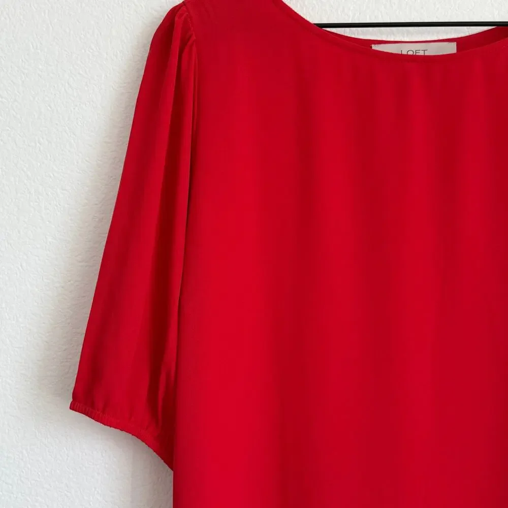 LOFT Red Blouse Lightweight Scoop Neck Scoop Neck Puff Sleeve Sheer Size L
